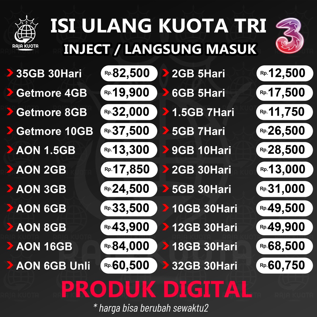 Isi Ulang Kuota Data Three Tri Aon Happy Pure Unlimited 1GB 2GB 3GB 4GB 6GB 10GB 18GB 52GB