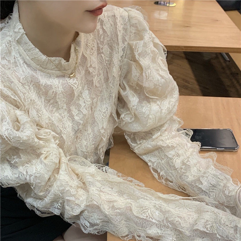 atasan renda import French retro stand collar lace shirt women s sweet and chic fairy top women