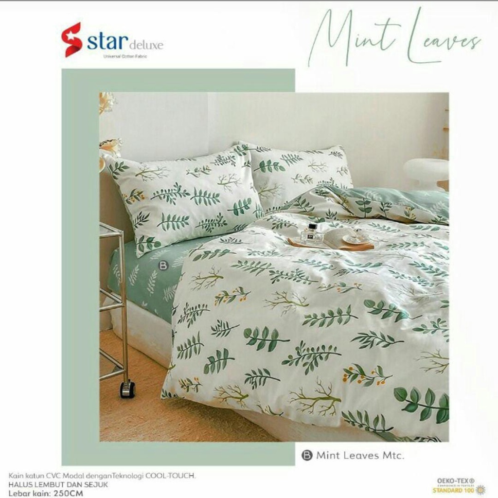 Sprei Katun Lokal Premium Motif  Mint Leaves Merk Star Terbaru / Sprei Monstera / Sprei Motif Daun L