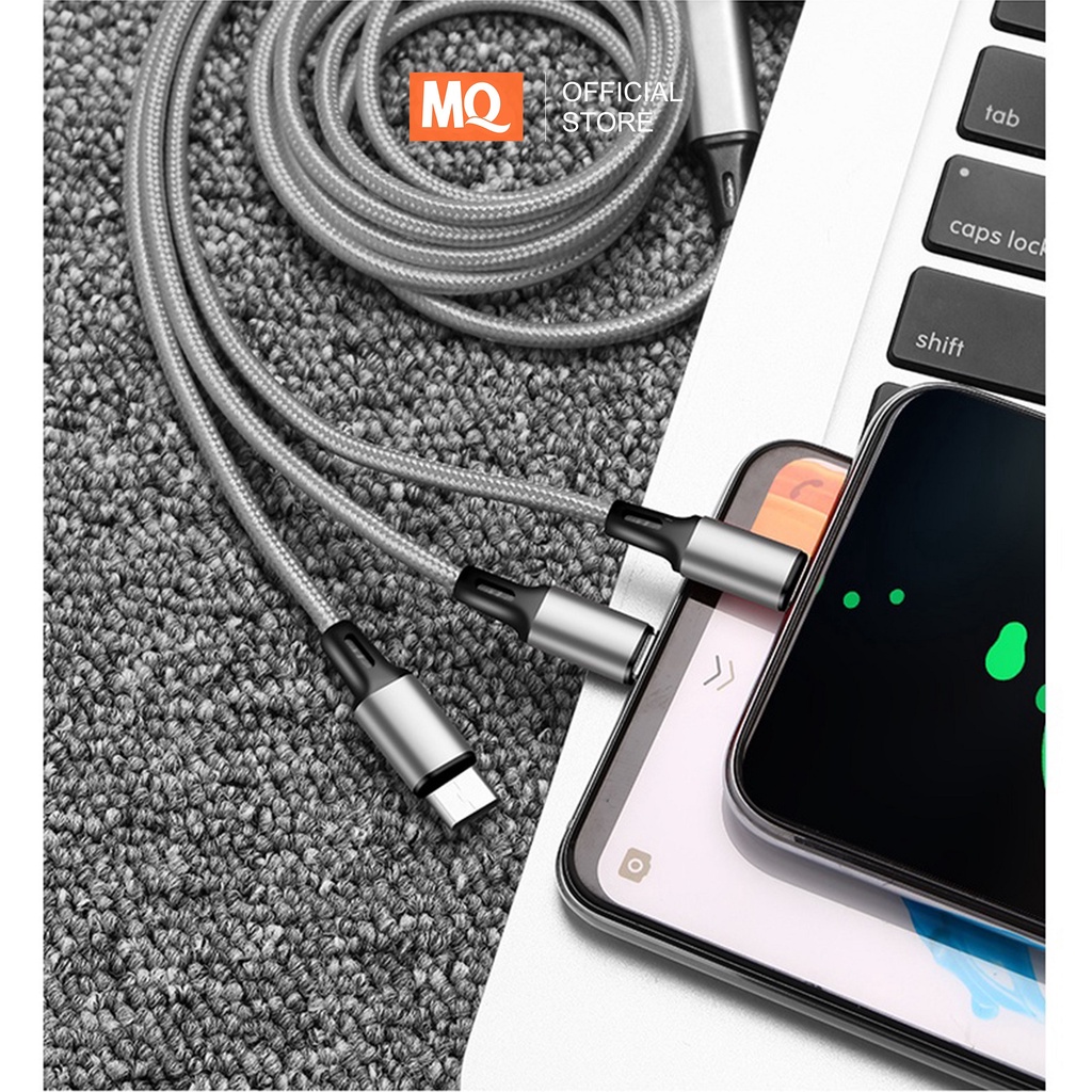 MQ Max 3A Lightning/ Android Kabel Data USB 3 in 1 Fast Charger iOS + Micro USB + Type C Quick Chargre 1.2M Nylon Braided