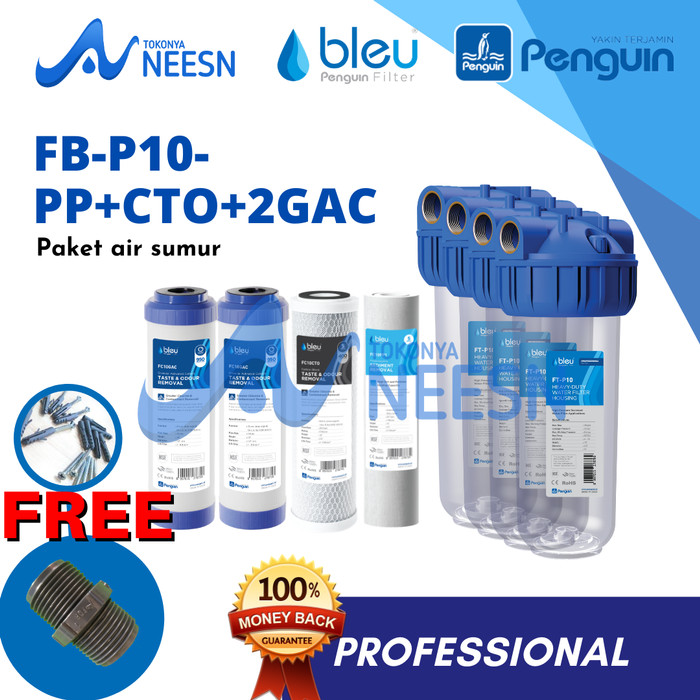 Paket Filter Air sumur/tandon/toren penguin FB 10 inch PP+ CTO +2 GAC PRO