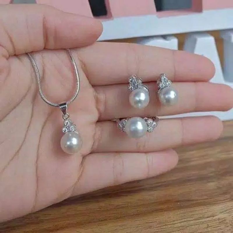 set perhiasan mutiara asli lombok set rhodium mutiara tawar asli