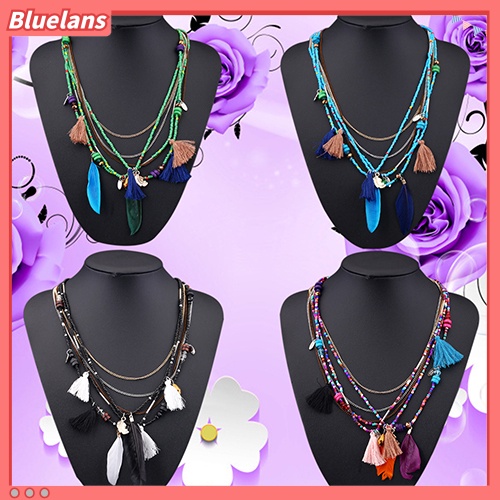 Bluelans Kalung Rantai Multilayer Hias Manik-Manik Bulu Rumbai Gaya Etnik Boho Untuk Wanita