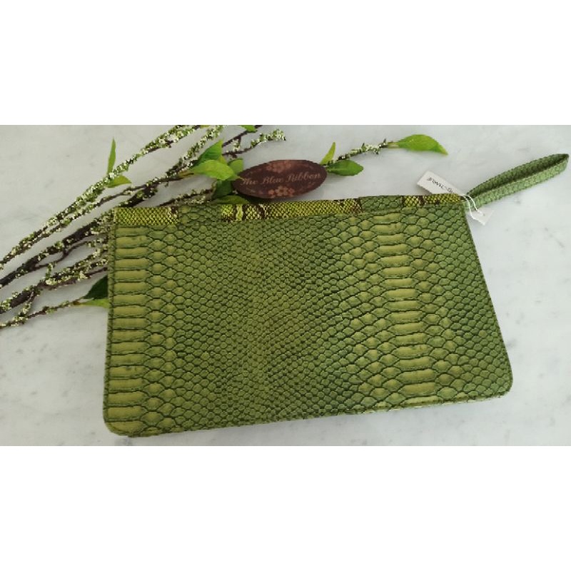 GREEN SNAKE SKIN LEATHER POUCH (Tas pesta / clutch wanita bahan kulit sintesis motif kulit ular)