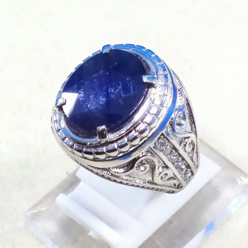 CINCIN BATU AKIK PERMATA NATURAL BLUE SHAPPIRE CUTTING RING ALPAKA SUPER GLAMOUR TERMURAH
