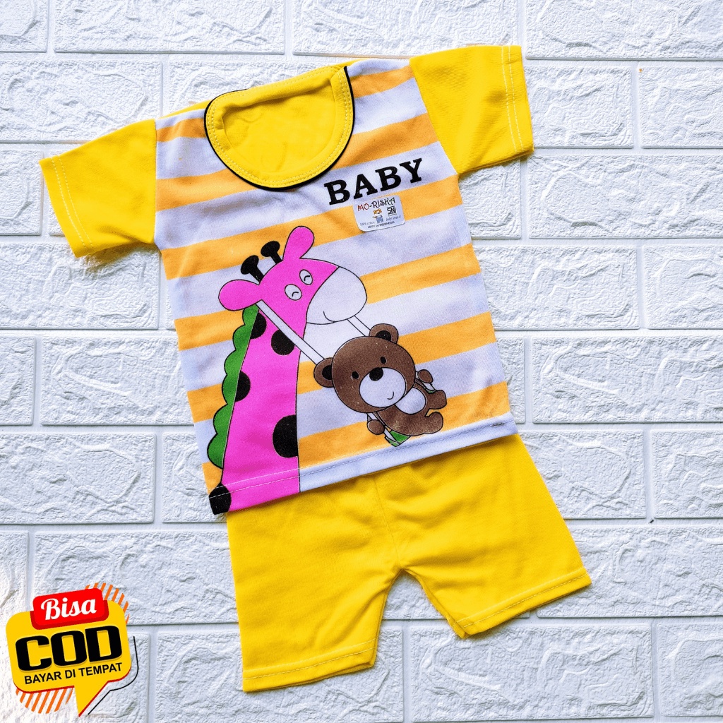 PROMO....!!! 3 Pasang Baju Bayi Lengan Pendek dan Celana Pendek Bayi / Oblong Baju Bayi Setelan Motip Jerapah Special Quality
