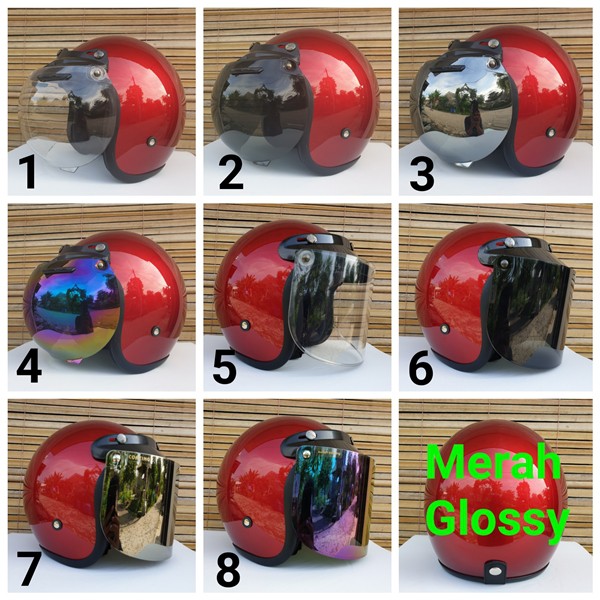 Helm motor dewasa warna merah glossy cat polos bogo retro