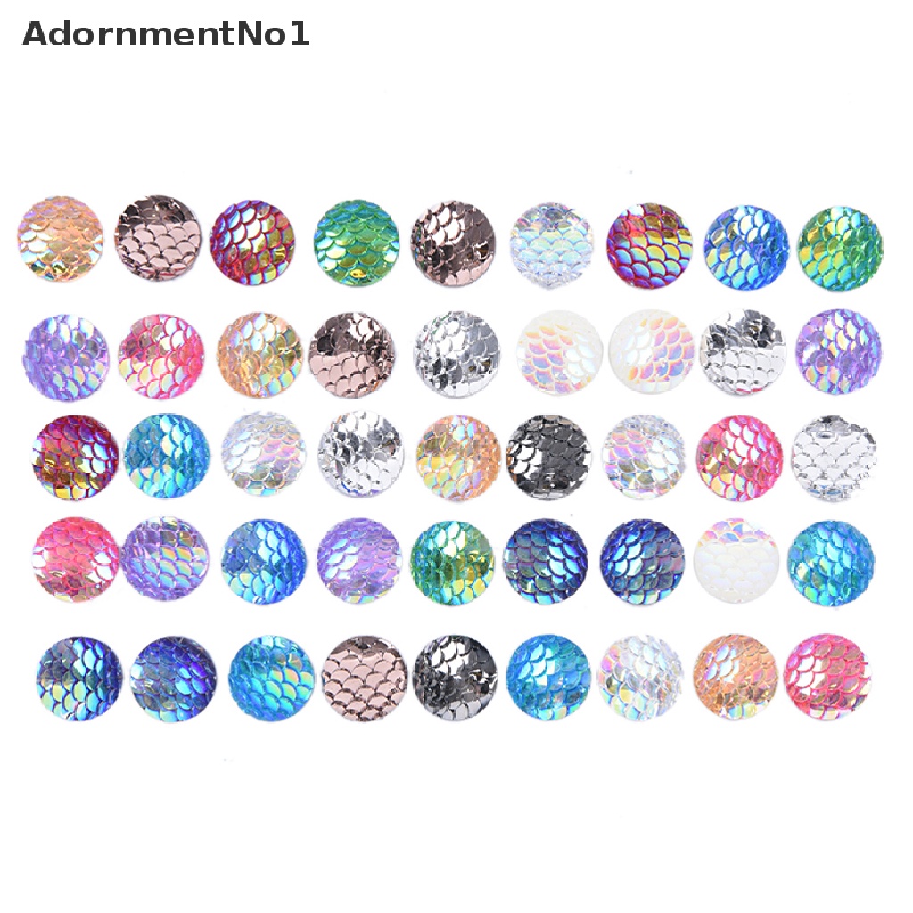 (AdornmentNo1) 50pcs Manik-Manik Cabochon Flat Back Motif Sisik Ikan / Mermaid Ukuran 12mm Untuk Gelang DIY