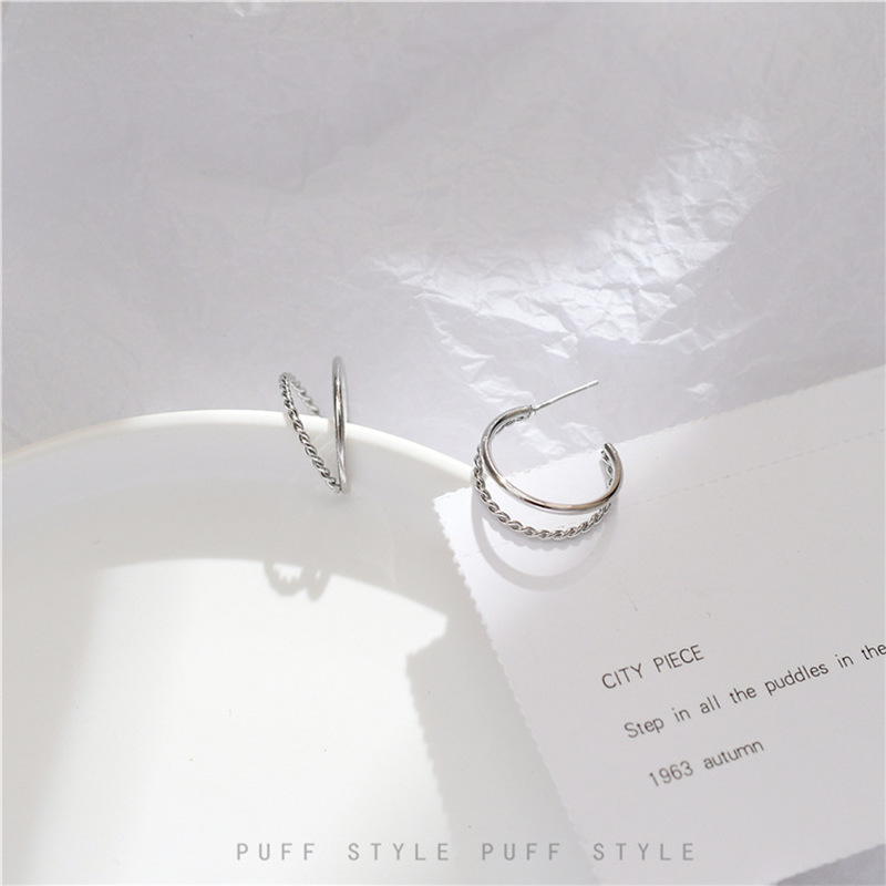 Anting S925 Silver Needle Model Double Ring Gaya Retro Korea Selatan Anti Alergi Untuk Wanita