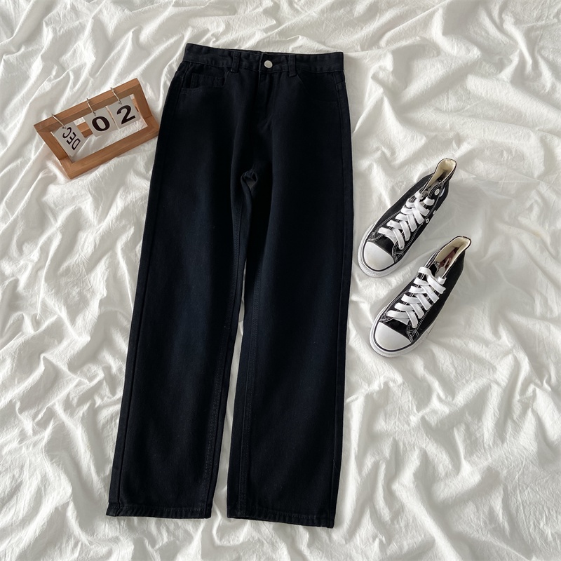 Reguler Style Highwaist Straight loose Kasual Jeans Wanita Premium【Hitam/Krem】