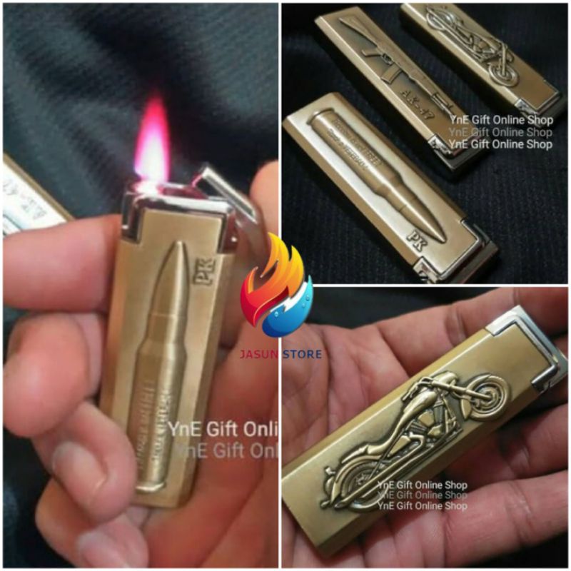 MANCIS Korek Api Gas Embos Motif Motor Harley Pistol Peluru BISA COD