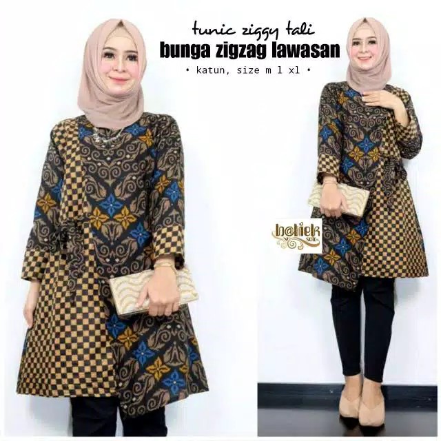 TUNIC ZIGGY TALI BUNGA ZIGZAG LAWASAN TUNIC BATIK SOGAN SERAGAM KANTOR KERJA SOLO JUMBO LD 120 XXXL