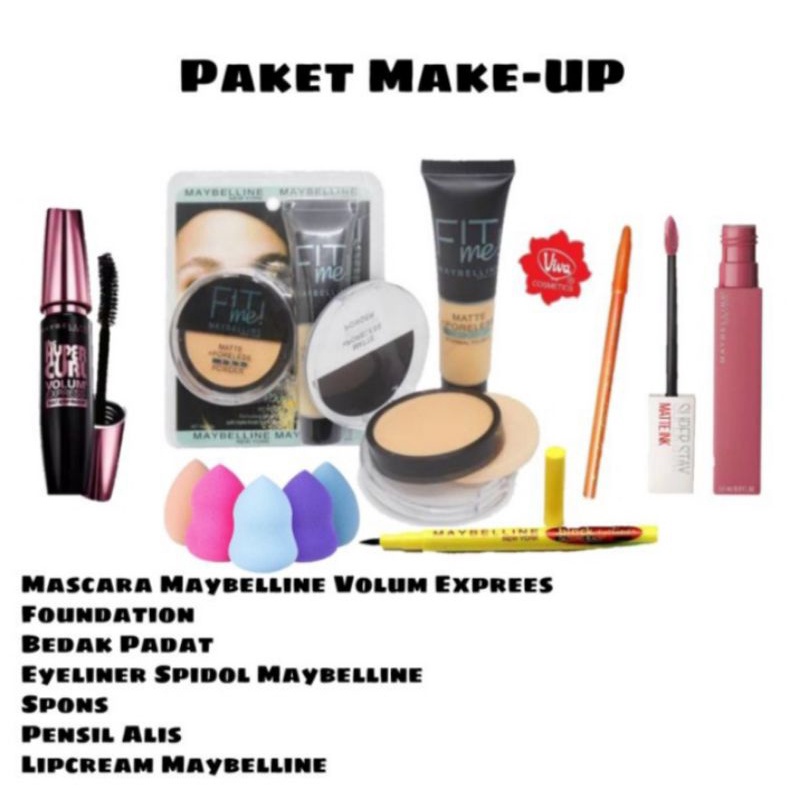 Paket Kosmetik Maybelline Fit Me Murah - Bedak - Foundation - Pensil Alis - Maskara - Lipcream - Eye