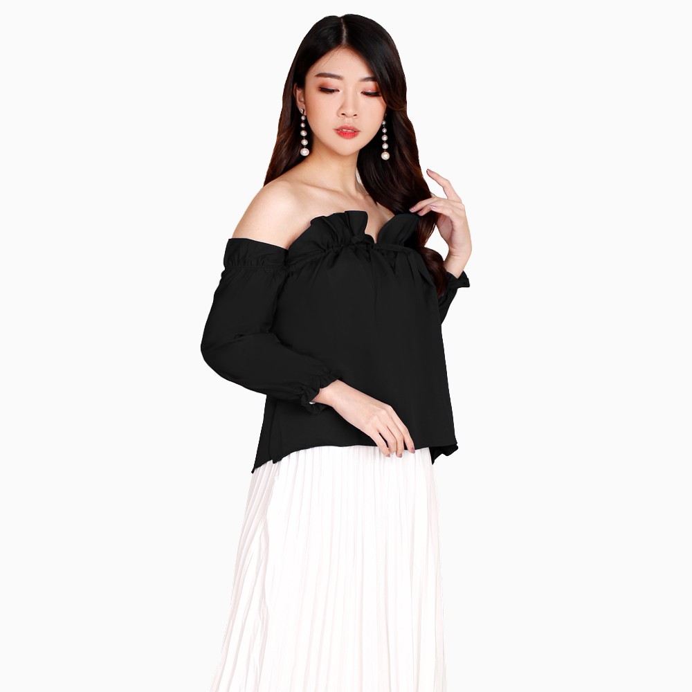 Blouse lengan Panjang wanita Gaya Korea model open shoulder - XSHOP Eunhee