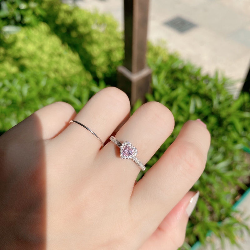 Cincin Sterling Silver 925 Desain Hati Hias Kristal Kubik Zirconia Warna Pink Untuk Wanita