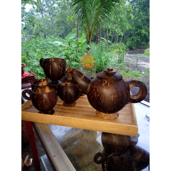 cangkir jadul/gelas kopi/teh jadul batok kelapa satu set unik natural alami