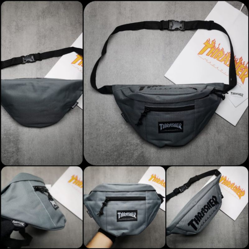 Waistbag Thrasher Flame Logo Waist Bag Grey With Paperbag Tas pinggang pria dan wanita