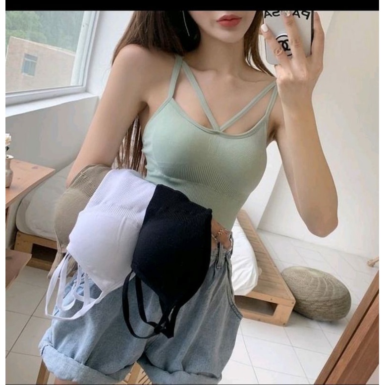 SPORT BRA WANITA V NECK TANKTOP SILANG KAMISOL CUP BRA GOOD QUALITY