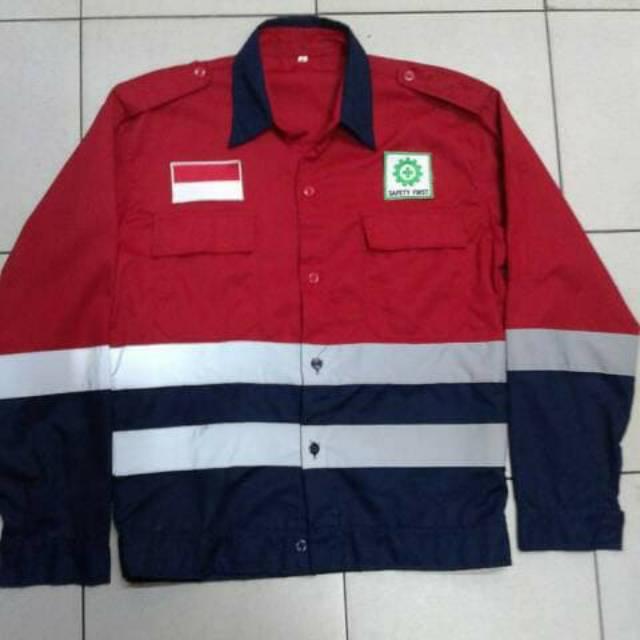 Baju Proyek / Seragam Safety Kerja Lengan Panjang Kombinasi Warna Merah