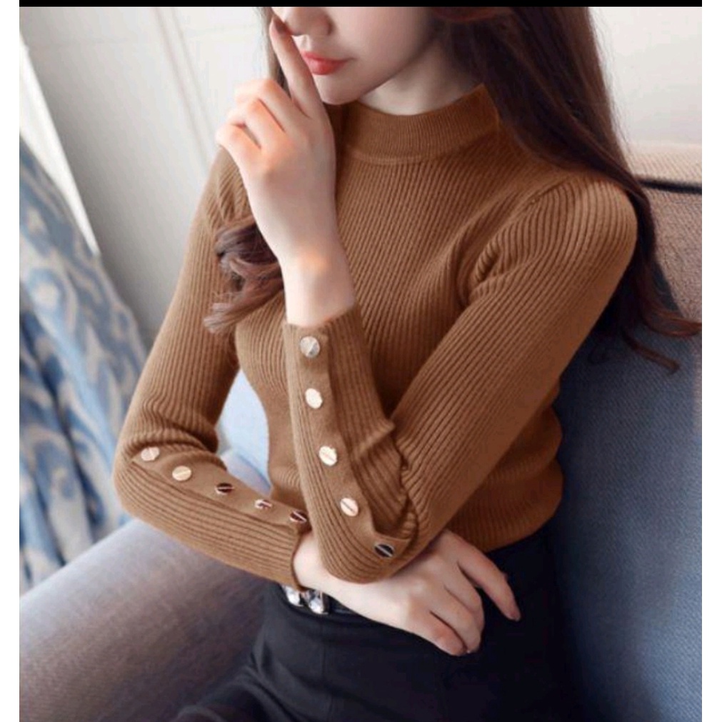 OZ BUTTON KNIT / Atasan rajut wanita turtle neck