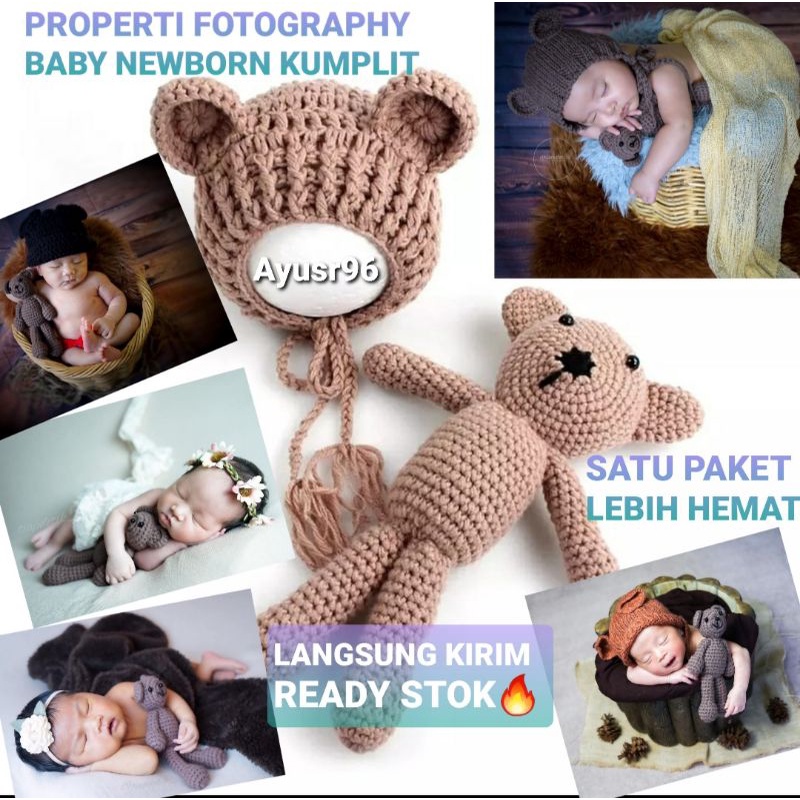 Topi Rajut Bayi Laki-laki / Perempuan Desain Beruang untuk Properti Fotografi newbornprops