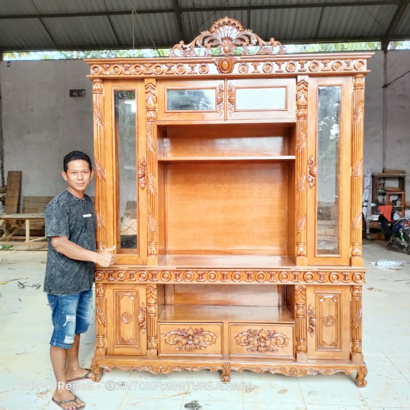 lemari tv jati ukiran mebel Jepara bufet tv jati furniture Jepara