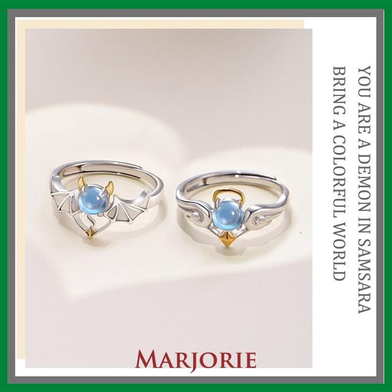 Perhiasan Cincin Pasangan Perak Biru Moonstone Malaikat Setan-MJD