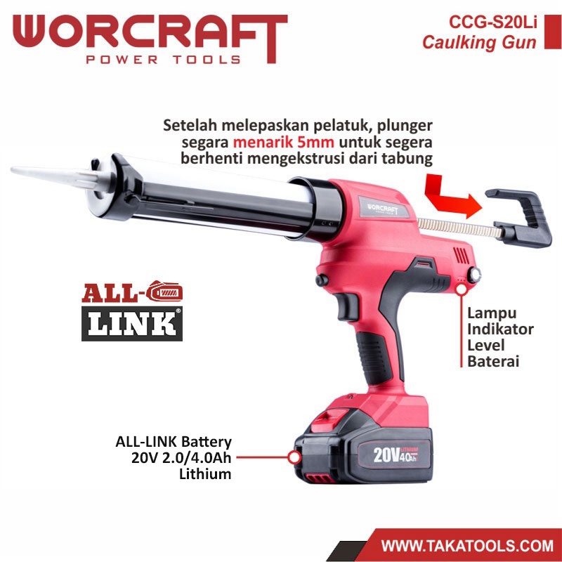 Worcraft ALL-LINK Cordless Caulking Gun Alat Tembak Lem Silicon (Hanya alat tanpa baterai dan charger)