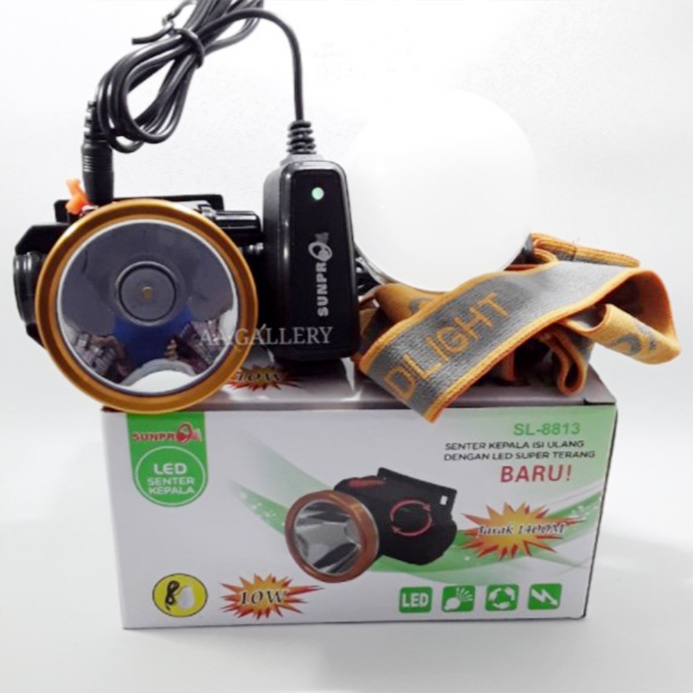 Senter Kepala Sunpro SL-8813 Kuning Headlamp 10 Watt Charger bonus Lampu