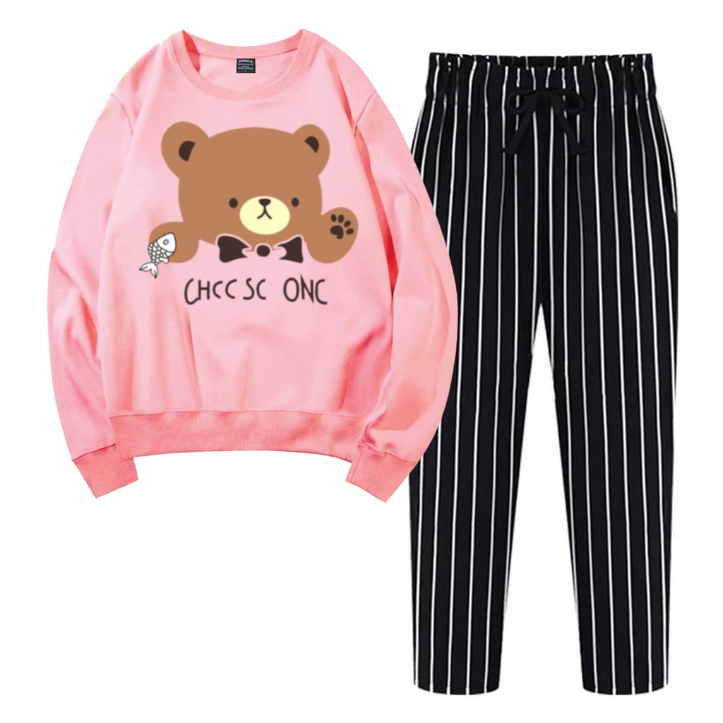 BESS - Baju Setelan Wanita Murah / Setelan Sweater + Celana Salur Hitam - BEAR ONE