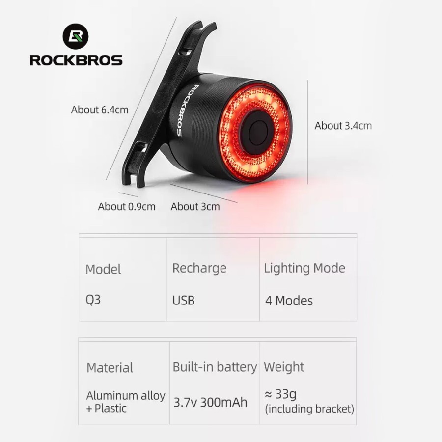 Lampu Belakang Sepeda Rockbros Q3 Bicycle Smart Light Tail Rear Brake Sensor 2 Brackets Rechargeable Waterproof