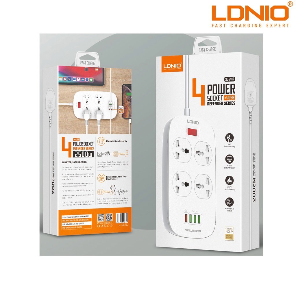 LDNIO SC4407 DEFENDER SERIES - 4 Universal Electrical Socket with 4 USB QC 3.0 - Stop Kontak + USB