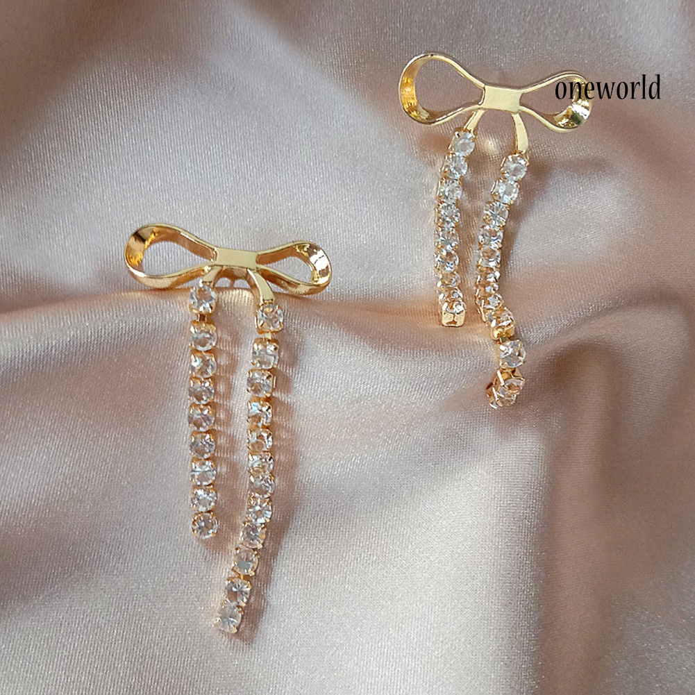 OW# Women Lady Elegant Shiny Alloy Bowknot Shaped Long Tassel Earrings Jewelry Gift