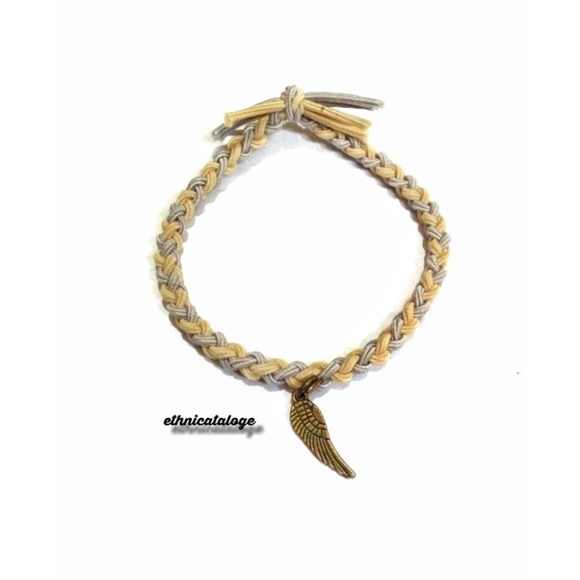 gelang wanita tali warna anyam liontin sayap bronze / mixed woven rope bracelet-Gray beige