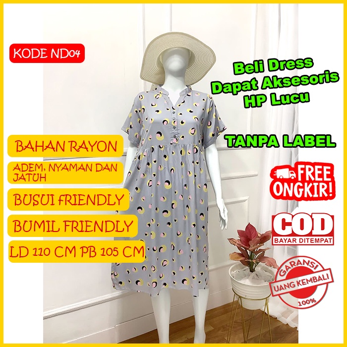 Midi Dress Busui Friendly Wanita Lengan Pendek Murah PB Selutut 105 Cm LD 110 Cm Kancing Depan Kerah