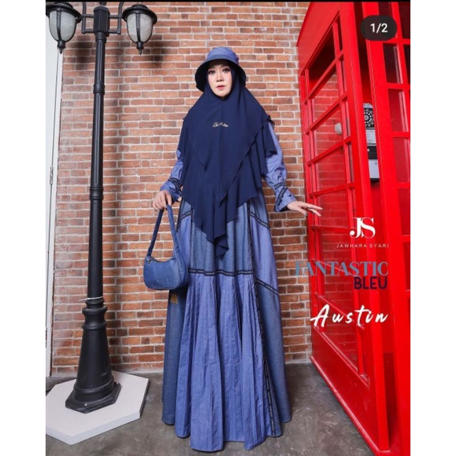 gamis Jawhara syari denim austin. preloved sekali pakai