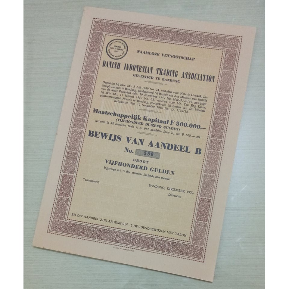 Dokumen Lama/ Lawas/ Jadul/ Kuno Surat Berharga berbahasa Belanda Tahun 1950