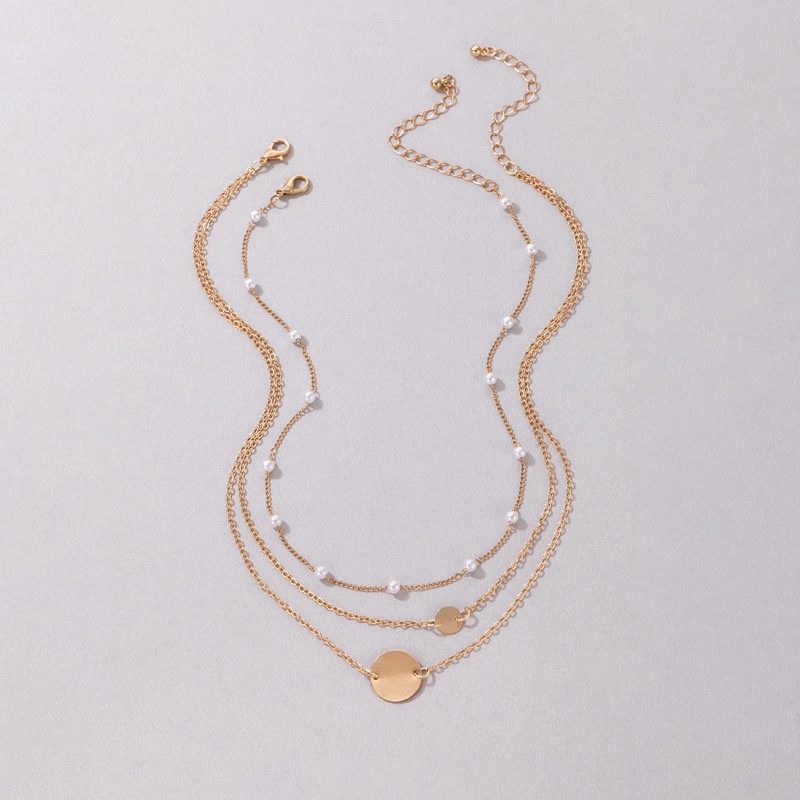 Kalung Rantai Tiga Lapis Bahan Alloy Warna Emas Aksen Mutiara