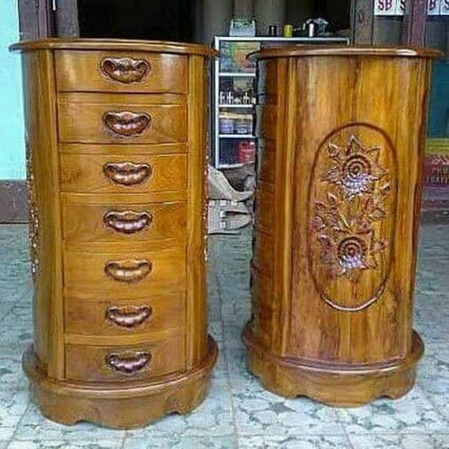 Meja Nakas Bulat Tabung Kayu Jati Ukiran Serbaguna Jujur Barokah Furniture Jepara