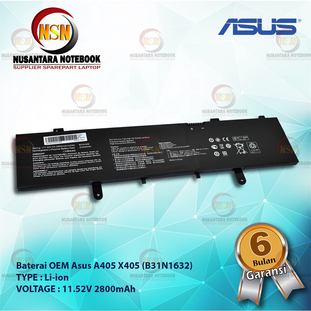 Baterai OEM Asus B31N1632 For Asus A405 X405 11.52V 2600mAh