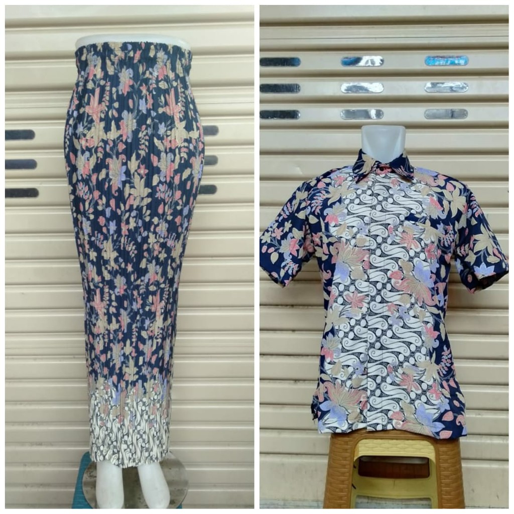 SETELAN COUPLE BATIK ROK PLISKET DAN KEMEJA KEMEJA PENDEK