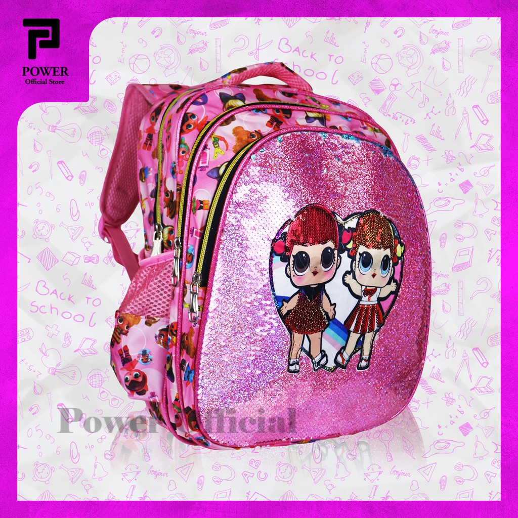 Tas Sekolah Import Ransel Anak Perempuan Tas Sekolah Anak SD Karakter LOL Sequin Usap + Lampu