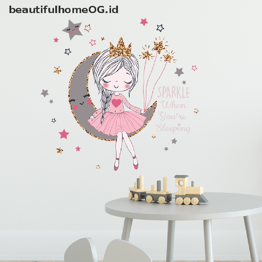 Stiker Dinding Desain Kartun Princess on the moon Untuk Dekorasi Kamar Anak Perempuan