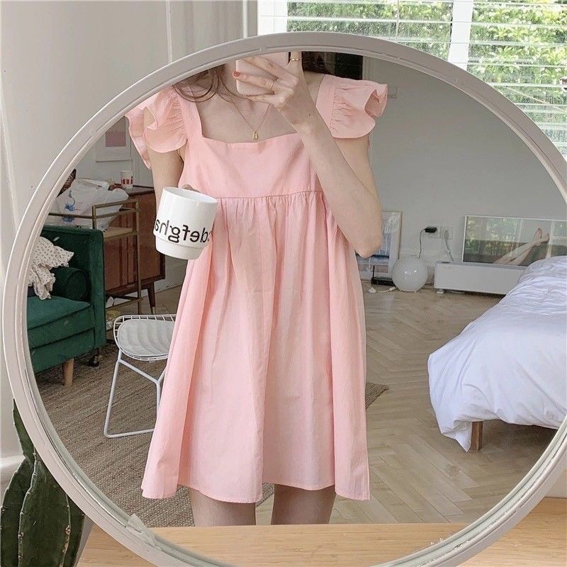 [MikanHiro Store] Dress Line A Cute Dress Peach Short Korean Style Summer Dress Gaun Lucu Remaja
