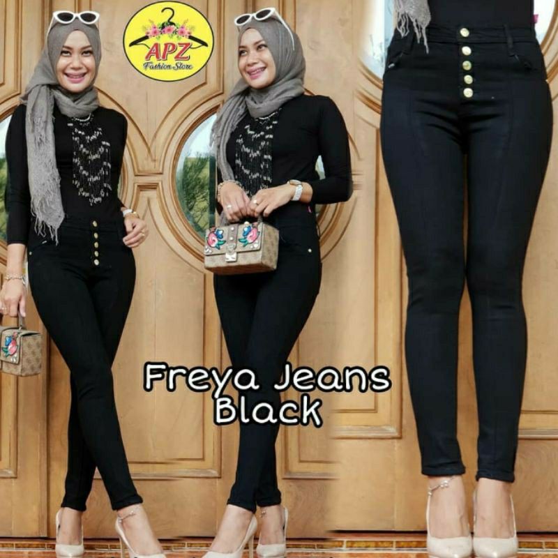 Celana High Waist Jeans Wanita Kancing 5 aktif