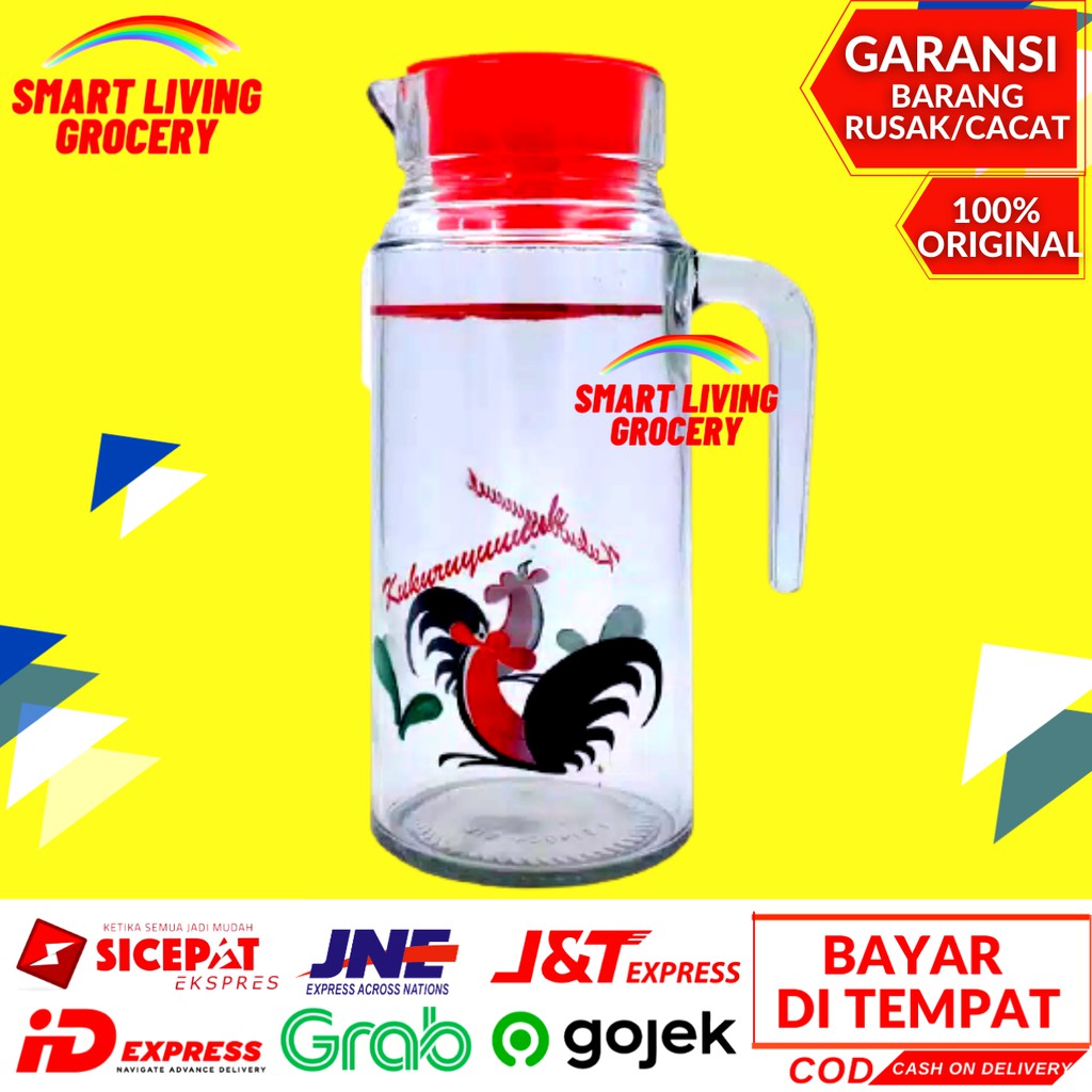 PITCHER GELAS  BULAT Teko Beling Kaca 1 L Penyimpanan MInuman Motif Ayam Jago Kukuruyuk 1 2 Liter