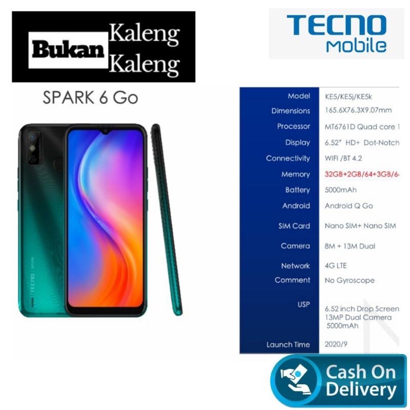 Tecno-Spark6 GO-2GB+32GB ICE JADITIE Quadcore 1.8GHZ 5000mAh GARANSI RESM