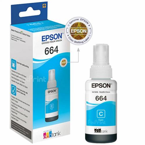 Epson Ink Bottles T664 Colour Cyan | 664 Tinta Botol Printer Warna Biru Untuk Printer Epson Seri L210, L200, L110, L100, L220, L300, L310, L350, L355, L360, L365, L380, L385, L1300, L1455 -Geniune Product