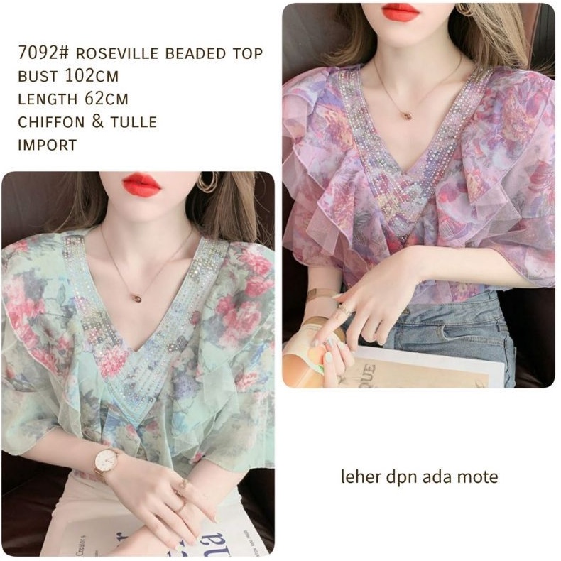7092 Atasan Pakaian Baju Blus blose blouse kemeja leher Vi ada Mote rempel remple renda lengan pende