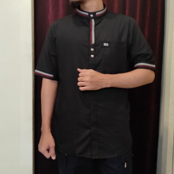 Kurta / Kemko Rabbani Baju Koko Kemeja Pria Alraz Lengan Pendek Bordir - Hitam, M